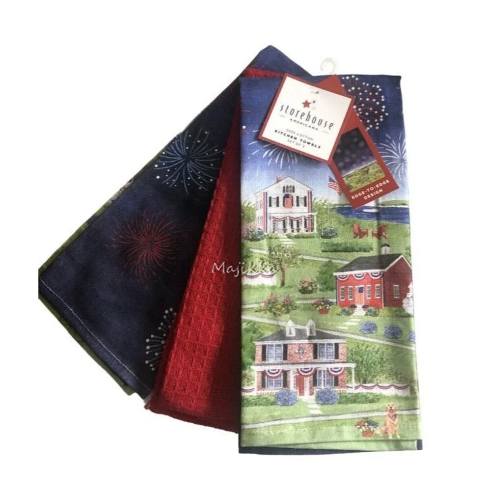 Storehouse Dish Towels Set of 3 July 4th Fireworks Red White Blue Historic Town